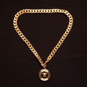 Medusa Gold Cuban Chain Unisex Necklace  Medusa Head Coin Pendant Gold Crystal